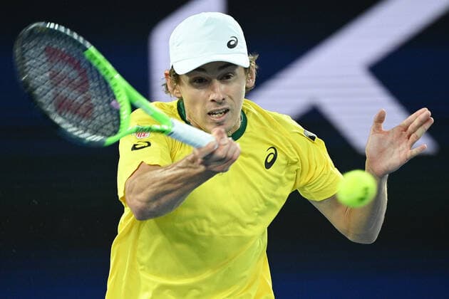 TENNIS ATP, Tennis Herren CUP, Alex De Minaur of Australia in action during the ATP Cup against Stefanos Tsitsipas of Greece at Melbourne Park in Melbourne, Wednesday, February 3, 2021. ( NO ARCHIVING, EDITORIAL USE ONLY, NO USE IN BOOKS WITHOUT CONSENT MELBOURNE VIC AUSTRALIA  Copyright: xDEANxLEWINSx 20210203001517988604