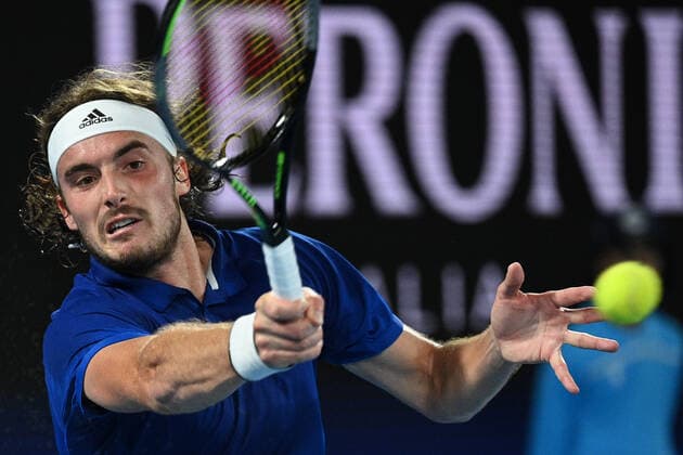 TENNIS ATP, Tennis Herren CUP, Stefanos Tsitsipas of Greece in action during the ATP Cup against Alex De Minaur of Australia at Melbourne Park in Melbourne, Wednesday, February 3, 2021. ( NO ARCHIVING, EDITORIAL USE ONLY, NO USE IN BOOKS WITHOUT CONSENT MELBOURNE VIC AUSTRALIA  Copyright: xDEANxLEWINSx 20210203001517998715