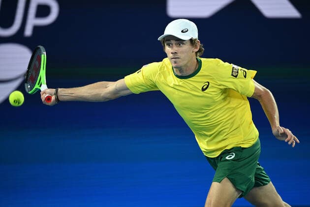 TENNIS ATP, Tennis Herren CUP, Alex De Minaur of Australia in action during the ATP Cup against Stefanos Tsitsipas of Greece at Melbourne Park in Melbourne, Wednesday, February 3, 2021. ( NO ARCHIVING, EDITORIAL USE ONLY, NO USE IN BOOKS WITHOUT CONSENT MELBOURNE VIC AUSTRALIA  Copyright: xDEANxLEWINSx 20210203001517998750