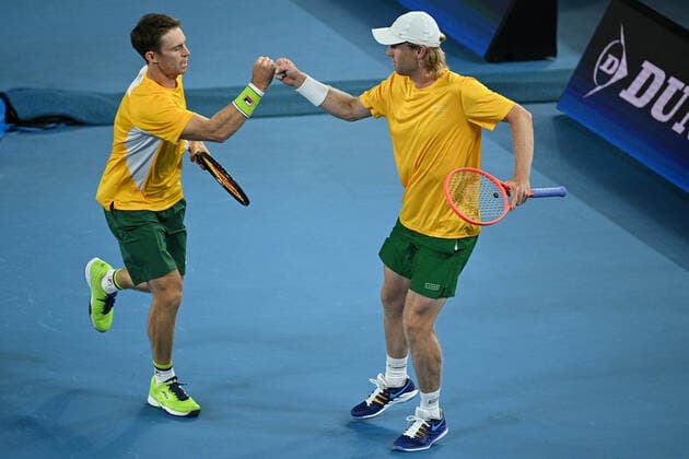 TENNIS ATP, Tennis Herren CUP, John Peers and Luke Saville of Australia celebrate during the ATP Cup doubles match against Stefanos Tsitsipas and Michail Pervolarakas of Greece at Melbourne Park in Melbourne, Wednesday, February 3, 2021. ( NO ARCHIVING, EDITORIAL USE ONLY, NO USE IN BOOKS WITHOUT CONSENT MELBOURNE VIC AUSTRALIA  Copyright: xDEANxLEWINSx 20210203001518009671