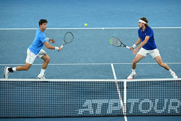 TENNIS ATP, Tennis Herren CUP, Stefanos Tsitsipas and Michail Pervolarakas of Greece in action during the ATP Cup doubles match against John Peers and Luke Saville of Australia at Melbourne Park in Melbourne, Wednesday, February 3, 2021. ( NO ARCHIVING, EDITORIAL USE ONLY, NO USE IN BOOKS WITHOUT CONSENT MELBOURNE VIC AUSTRALIA  Copyright: xDEANxLEWINSx 20210203001518010472