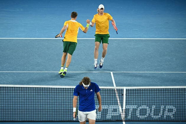 TENNIS ATP, Tennis Herren CUP, John Peers and Luke Saville of Australia celebrate during their ATP Cup doubles match against Stefanos Tsitsipas and Michail Pervolarakas of Greece at Melbourne Park in Melbourne, Wednesday, February 3, 2021. ( NO ARCHIVING, EDITORIAL USE ONLY, NO USE IN BOOKS WITHOUT CONSENT MELBOURNE VIC AUSTRALIA  Copyright: xDEANxLEWINSx 20210204001518025713