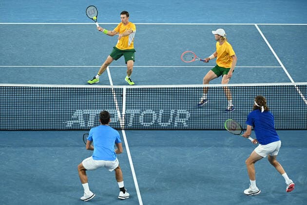 TENNIS ATP, Tennis Herren CUP, John Peers and Luke Saville of Australia in action during the ATP Cup doubles match against Stefanos Tsitsipas and Michail Pervolarakas of Greece at Melbourne Park in Melbourne, Wednesday, February 3, 2021. ( NO ARCHIVING, EDITORIAL USE ONLY, NO USE IN BOOKS WITHOUT CONSENT MELBOURNE VIC AUSTRALIA  Copyright: xDEANxLEWINSx 20210204001518025809