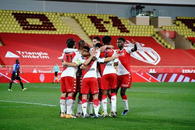Fußball, AS Monaco - OGC Nizza Joie- Wissam Ben Yedder (AS Monaco) - Kevin Volland (AS Monaco) - Aurelien Tchouameni (AS Monaco) - Djibril Sidibe (AS Monaco) FOOTBALL : AS Monaco vs OGC Nice - Ligue 1 Uber Eats - Monaco - 03 02 2021 NorbertScanella PanoramiC 