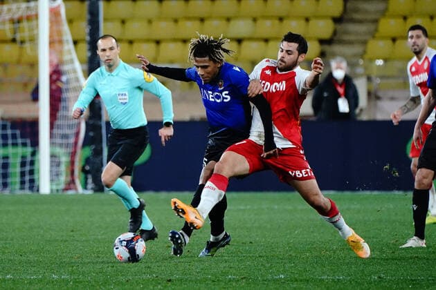 Jean Clair Todibo (OGC Nice) - Kevin Volland (AS Monaco) FOOTBALL : AS Monaco vs OGC Nice - Ligue 1 Uber Eats - Monaco - 03 02 2021 NorbertScanella PanoramiC 