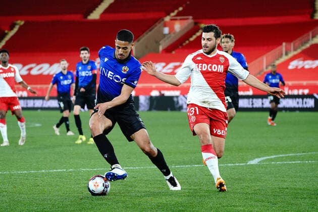 William Saliba (OGC Nice) - Kevin Volland (AS Monaco) FOOTBALL : AS Monaco vs OGC Nice - Ligue 1 Uber Eats - Monaco - 03 02 2021 NorbertScanella PanoramiC 