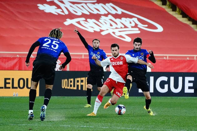 Kevin Volland (AS Monaco) - Pierre Lees Melou (OGC Nice) FOOTBALL : AS Monaco vs OGC Nice - Ligue 1 Uber Eats - Monaco - 03 02 2021 NorbertScanella PanoramiC 