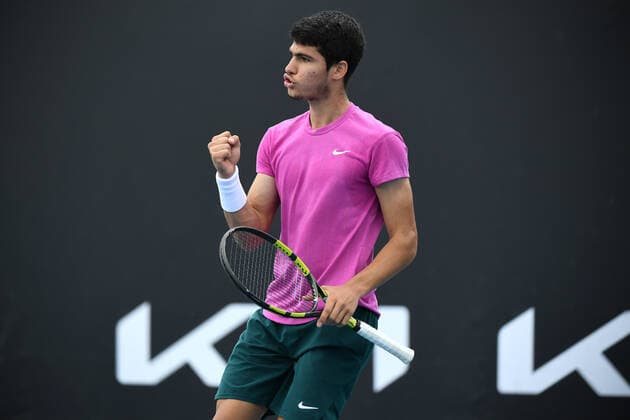 TENNIS GREAT OCEAN ROAD OPEN, Carlos Alcaraz of Spain is seen during his Great Ocean Road Open - ATP, Tennis Herren 250 match against Thiagio Monteiro of Brazil at Melbourne Park in Melbourne, Friday, February 5, 2021. ( NO ARCHIVING, EDITORIAL USE ONLY, NO USE IN BOOKS WITHOUT CONSENT MELBOURNE VIC AUSTRALIA  Copyright: xDAVExHUNTx 20210205001518408136
