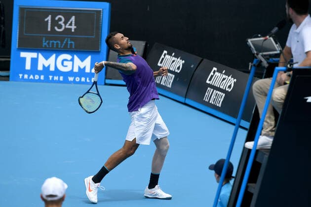TENNIS MURRAY RIVER OPEN, Nick Kyrgios of Australia prepares to throw his racket out of the court during his Murray River Open - ATP, Tennis Herren 250 match against Borna Coric of Croatia at Melbourne Park in Melbourne, Friday, February 5, 2021.. ( NO ARCHIVING, EDITORIAL USE ONLY, NO USE IN BOOKS WITHOUT CONSENT MELBOURNE VIC AUSTRALIA  Copyright: xDAVExHUNTx 20210205001518418680