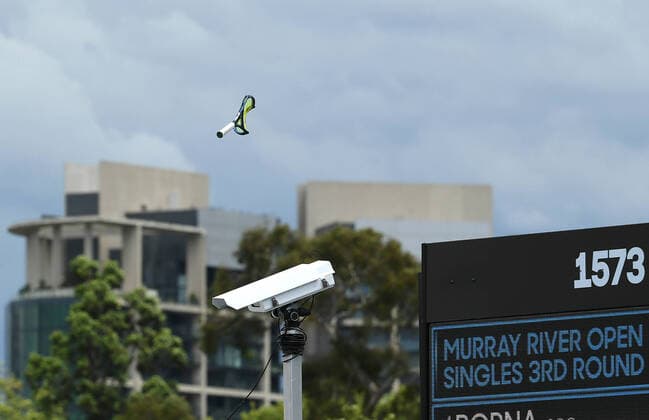 Sport Bilder des Tages TENNIS MURRAY RIVER OPEN, A smashed racket is seen after being thrown out of the court by Nick Kyrgios of Australiaduring his Murray River Open - ATP, Tennis Herren 250 match against Borna Coric of Croatia at Melbourne Park in Melbourne, Friday, February 5, 2021.. ( NO ARCHIVING, EDITORIAL USE ONLY, NO USE IN BOOKS WITHOUT CONSENT MELBOURNE VIC AUSTRALIA  Copyright: xDAVExHUNTx 20210205001518419500