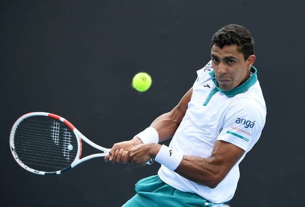 TENNIS GREAT OCEAN ROAD OPEN, Thiagio Monteiro of Brazil is seen during his Great Ocean Road Open - ATP, Tennis Herren 250 match against Carlos Alcaraz of Spainat Melbourne Park in Melbourne, Friday, February 5, 2021. ( NO ARCHIVING, EDITORIAL USE ONLY, NO USE IN BOOKS WITHOUT CONSENT MELBOURNE VIC AUSTRALIA  Copyright: xDAVExHUNTx 20210205001518423727