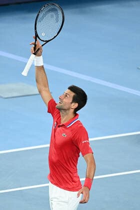 TENNIS ATP, Tennis Herren CUP, Novak Djokovic of Serbia celebrates after defeating Alexander Zverev of Germany during the ATP Cup at Melbourne Park in Melbourne, Friday, February 5, 2021. ( NO ARCHIVING, EDITORIAL USE ONLY, NO USE IN BOOKS WITHOUT CONSENT MELBOURNE VIC AUSTRALIA  Copyright: xDEANxLEWINSx 20210205001518431021
