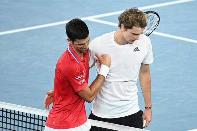 TENNIS ATP, Tennis Herren CUP, Novak Djokovic of Serbia consoles Alexander Zverev of Germany after their ATP Cup at Melbourne Park in Melbourne, Friday, February 5, 2021. ( NO ARCHIVING, EDITORIAL USE ONLY, NO USE IN BOOKS WITHOUT CONSENT MELBOURNE VIC AUSTRALIA  Copyright: xDEANxLEWINSx 20210205001518431087