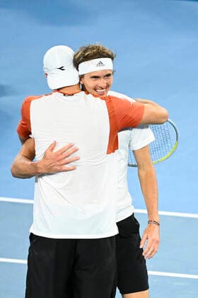 TENNIS ATP, Tennis Herren CUP, Alexander Zverev of Germany (right) and Jan-Lennard Struff of Germany celebrate after winning their ATP Cup doubles match against Nikola Cacic of Serbia and Novak Djokovic of Serbia at Melbourne Park in Melbourne, Friday, February 5, 2021. ( NO ARCHIVING, EDITORIAL USE ONLY, NO USE IN BOOKS WITHOUT CONSENT MELBOURNE VIC AUSTRALIA  Copyright: xDEANxLEWINSx 20210205001518446348