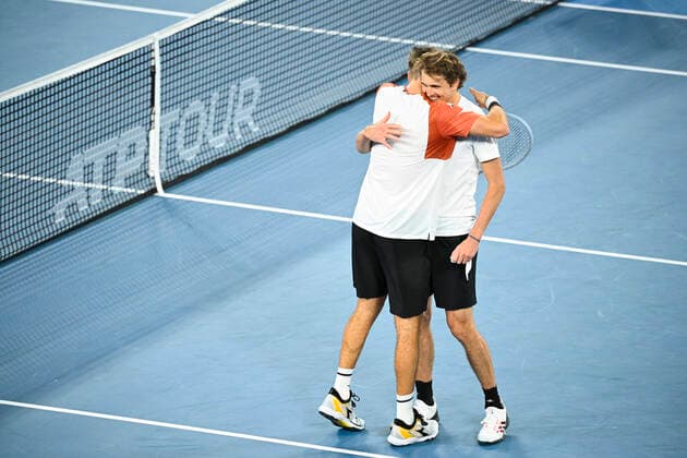 TENNIS ATP, Tennis Herren CUP, Alexander Zverev of Germany (right) and Jan-Lennard Struff of Germany celebrate after winning their ATP Cup doubles match against Nikola Cacic of Serbia and Novak Djokovic of Serbia at Melbourne Park in Melbourne, Friday, February 5, 2021. ( NO ARCHIVING, EDITORIAL USE ONLY, NO USE IN BOOKS WITHOUT CONSENT MELBOURNE VIC AUSTRALIA  Copyright: xDEANxLEWINSx 20210205001518446426
