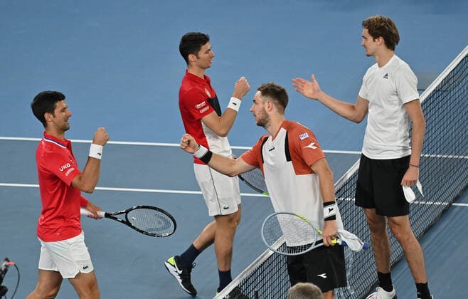 Australian Open 2021 ATP Cup Melbourne German Team beats Serbia to qualify for the Semifinal against Russia Jan Lennard Struff, Alexander Zverev , Kevin Krawietz ,Andreas Mies and Team Captain Mischa Zverev Jan Lennard Struff and Alexander Zverev winning the deciding Doubles