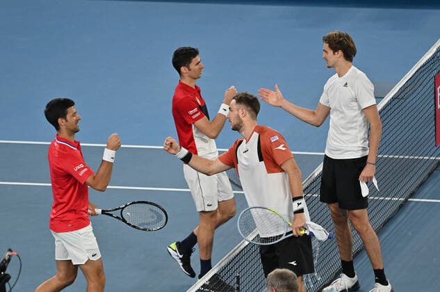 Australian Open 2021 ATP Cup Melbourne German Team beats Serbia to qualify for the Semifinal against Russia Jan Lennard Struff, Alexander Zverev , Kevin Krawietz ,Andreas Mies and Team Captain Mischa Zverev Jan Lennard Struff and Alexander Zverev winning the deciding Doubles
