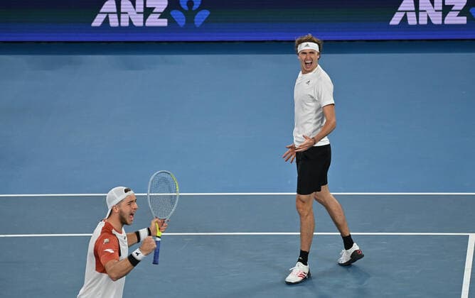 Australian Open 2021 ATP Cup Melbourne German Team beats Serbia to qualify for the Semifinal against Russia Jan Lennard Struff, Alexander Zverev , Kevin Krawietz ,Andreas Mies and Team Captain Mischa Zverev Jan Lennard Struff and Alexander Zverev winning the deciding Doubles
