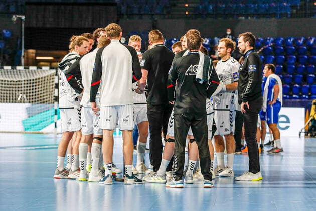In picture THW Kiel at time-out EHF Handball Champions League, THW Kiel vs HC Motor Zaporozhye, 4 2 2021, Kiel Wunderino Arena , Germany
