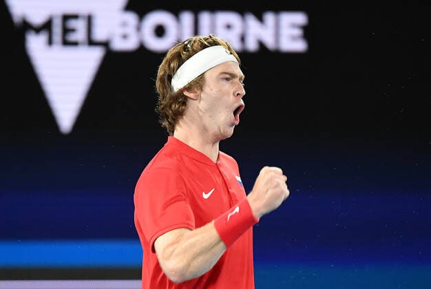 TENNIS ATP, Tennis Herren CUP, Andrey Rubley of Russia celebrates during the ATP Cup semi-final against Jan-Lennard Struff of Germany at Melbourne Park in Melbourne, Saturday, February 6, 2021 .( NO ARCHIVING, EDITORIAL USE ONLY, NO USE IN BOOKS WITHOUT CONSENT MELBOURNE VIC AUSTRALIA  Copyright: xDAVExHUNTx 20210206001518617427