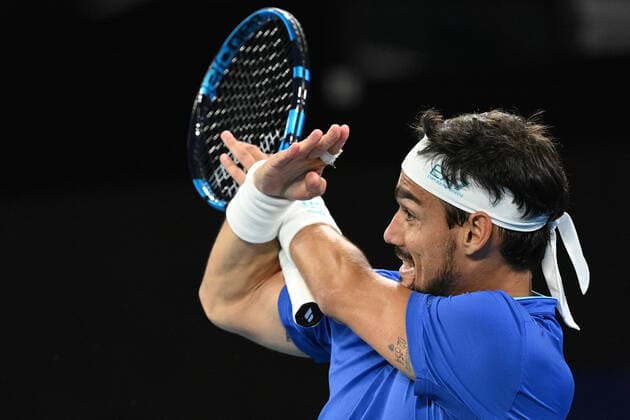 TENNIS ATP, Tennis Herren CUP, Fabio Fognini of Italy gestures during the semi-finals of the ATP Cup against Pablo Carreno Busta of Spain at Melbourne Park in Melbourne, Saturday, February 6, 2021. ( NO ARCHIVING, EDITORIAL USE ONLY, NO USE IN BOOKS WITHOUT CONSENT MELBOURNE VIC AUSTRALIA  Copyright: xDEANxLEWINSx 20210206001518623455