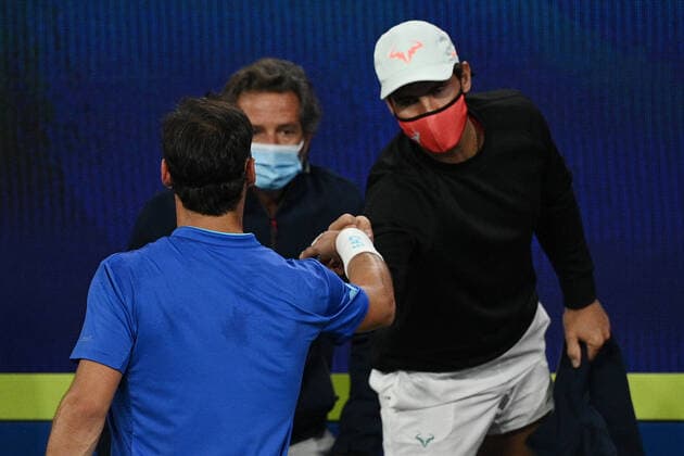 TENNIS ATP, Tennis Herren CUP, Rafael Nadal of Spain congratulates Fabio Fognini of Italy after his win in the semi-finals of the ATP Cup against Pablo Carreno Busta of Spain at Melbourne Park in Melbourne, Saturday, February 6, 2021. ( NO ARCHIVING, EDITORIAL USE ONLY, NO USE IN BOOKS WITHOUT CONSENT MELBOURNE VIC AUSTRALIA  Copyright: xDEANxLEWINSx 20210206001518629791