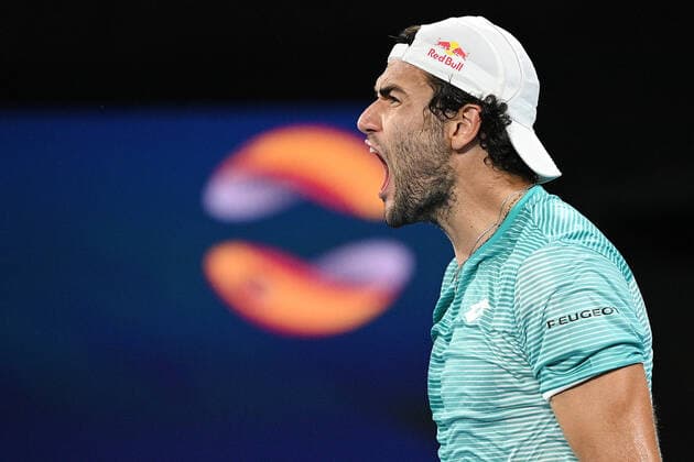 TENNIS ATP, Tennis Herren CUP, Matteo Berrettini of Italy celebrates his win in the semi-finals of the ATP Cup against Roberto Bautista Agut of Spain at Melbourne Park in Melbourne, Saturday, February 6, 2021. ( NO ARCHIVING, EDITORIAL USE ONLY, NO USE IN BOOKS WITHOUT CONSENT MELBOURNE VIC AUSTRALIA  Copyright: xDEANxLEWINSx 20210206001518639495