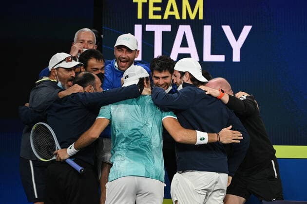 TENNIS ATP, Tennis Herren CUP, Team Italy celebrate after Matteo Berrettini defeated Roberto Bautista Agut of Spain during their semi-final of the ATP Cup at Melbourne Park in Melbourne, Saturday, February 6, 2021. ( NO ARCHIVING, EDITORIAL USE ONLY, NO USE IN BOOKS WITHOUT CONSENT MELBOURNE VIC AUSTRALIA  Copyright: xDEANxLEWINSx 20210206001518640203