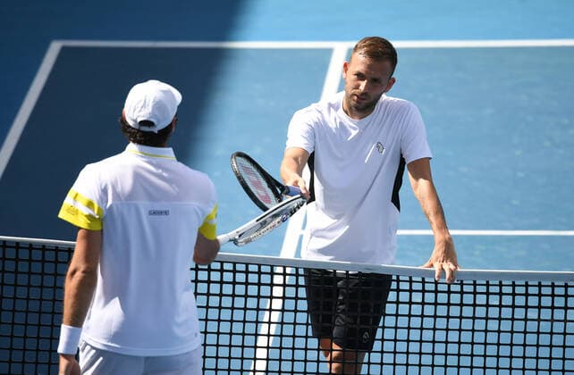 TENNIS MURRAY RIVER OPEN, Daniel Evans of Great Britain (right) reacts with Jeremy Chardy of France after winning his Murray River Open - ATP, Tennis Herren 250 semi final match at Melbourne Park in Melbourne, Saturday, February 6, 2021.. ( NO ARCHIVING, EDITORIAL USE ONLY, NO USE IN BOOKS WITHOUT CONSENT MELBOURNE VIC AUSTRALIA  Copyright: xDAVExHUNTx 20210206001518645816