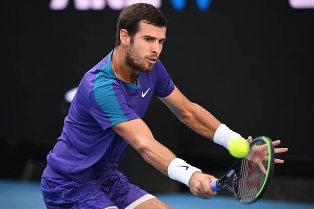 TENNIS GREAT OCEAN ROAD OPEN, Karen Khachanov of Russia in action during the semi finals of the Great Ocean Road Open - ATP, Tennis Herren 250 match against Jannik Sinner of Italy at Melbourne Park in Melbourne, Saturday, February 6, 2021. ( NO ARCHIVING, EDITORIAL USE ONLY, NO USE IN BOOKS WITHOUT CONSENT MELBOURNE VIC AUSTRALIA  Copyright: xDeanxLewinsx 20210206001518664958