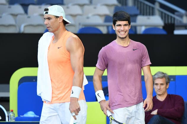 Rafael Nadal (Esp) et Carlos Alcaraz TENNIS : Australian Open 2021 - 06 02 2021 AntoineCouvercelle Panoramic 