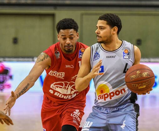 Diante Garrett, Nimrod Hilliard Basketball Bundesliga, basketball season 2020 2021, 16 matchday, Germany, easyCredit BBL, Germany, Giessen 46ers, giessen red, men, jobstairs GIESSEN 46ers Hakro Merlins Crailsheim, men, Crailsheim light blue