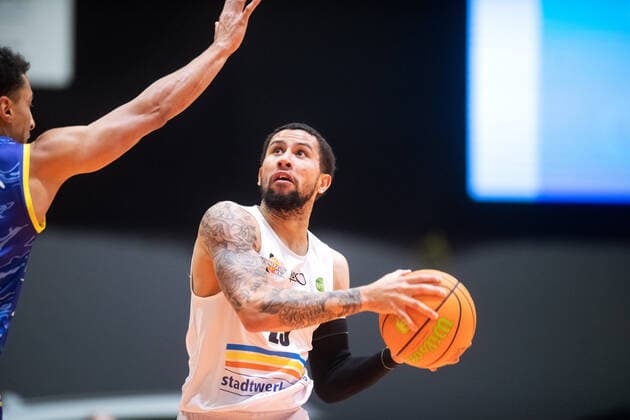 BARMER 2 Basketball Bundesliga ProA Season 2020 2021 Matchday 20 on 06 02 2021 Science City Jena vs Phoenix Hagen Marcus Darnell Tyus Jena on the ball Sparkassen Arena Jena
