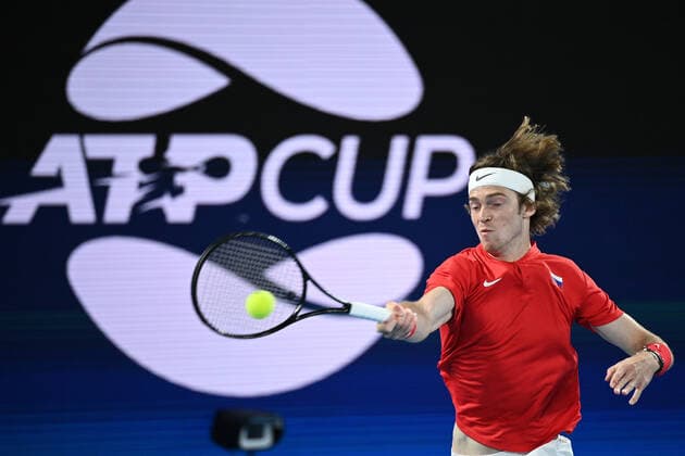 TENNIS ATP, Tennis Herren CUP, Andrey Rublev of Russia in action during the ATP Cup Final against Fabio Fognini of Italy on Rod Laver Arena at Melbourne Park in Melbourne, Sunday, February 7, 2021 .( NO ARCHIVING, EDITORIAL USE ONLY, NO USE IN BOOKS WITHOUT CONSENT MELBOURNE VIC AUSTRALIA  Copyright: xDEANxLEWINSx 20210207001518844807