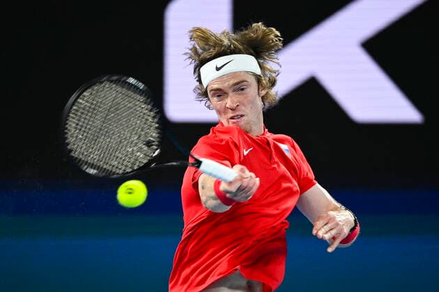 TENNIS ATP, Tennis Herren CUP, Andrey Rublev of Russia in action during the ATP Cup Final against Fabio Fognini of Italy at Melbourne Park in Melbourne, Sunday, February 7, 2021 .( NO ARCHIVING, EDITORIAL USE ONLY, NO USE IN BOOKS WITHOUT CONSENT MELBOURNE VIC AUSTRALIA  Copyright: xDEANxLEWINSx 20210207001518849110
