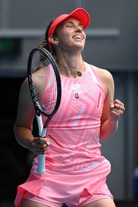 TENNIS GIPPSLAND TROPHY, Elise Mertens of Belgium celebrates after defeating Kaia Kanepi of Estonia during the final of the Gippsland Trophy - WTA, Tennis Damen 500 match on Margaret Court Arena at Melbourne Park in Melbourne, Sunday, February 7, 2021. ( NO ARCHIVING, EDITORIAL USE ONLY, NO USE IN BOOKS WITHOUT CONSENT MELBOURNE VIC AUSTRALIA  Copyright: xDEANxLEWINSx 20210207001518869880