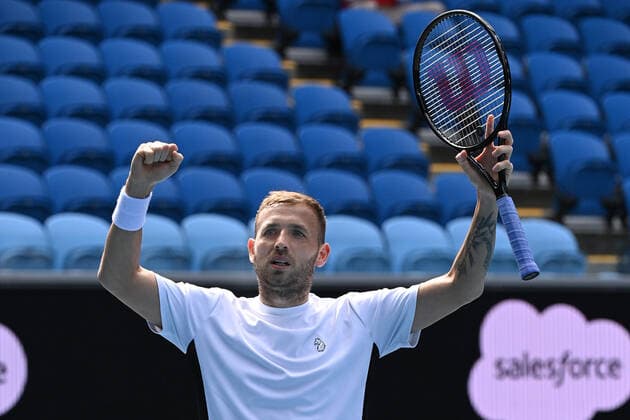 TENNIS MURRAY RIVER OPEN, Daniel Evans of Great Britain celebrates after defeating Felix Auger-Aliassime of Canada in the final of the Murray River Open - ATP, Tennis Herren 250 on Margaret Court Arena at Melbourne Park in Melbourne, Sunday, February 7, 2021. ( NO ARCHIVING, EDITORIAL USE ONLY, NO USE IN BOOKS WITHOUT CONSENT MELBOURNE VIC AUSTRALIA  Copyright: xDEANxLEWINSx 20210207001518878708