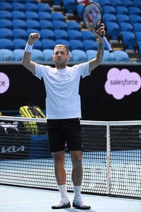 TENNIS MURRAY RIVER OPEN, Daniel Evans of Great Britain celebrates after defeating Felix Auger-Aliassime of Canada in the final of the Murray River Open - ATP, Tennis Herren 250 on Margaret Court Arena at Melbourne Park in Melbourne, Sunday, February 7, 2021. ( NO ARCHIVING, EDITORIAL USE ONLY, NO USE IN BOOKS WITHOUT CONSENT MELBOURNE VIC AUSTRALIA  Copyright: xDEANxLEWINSx 20210207001518878848