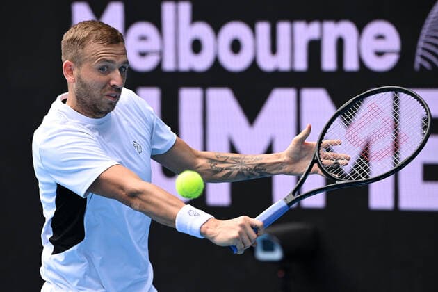 TENNIS MURRAY RIVER OPEN, Daniel Evans of Great Britian in action against Felix Auger-Aliassime during the final of the Murray River Open - ATP, Tennis Herren 250 match on Margaret Coiurt Arena at Melbourne Park in Melbourne, Sunday, February 7, 2021. ( NO ARCHIVING, EDITORIAL USE ONLY, NO USE IN BOOKS WITHOUT CONSENT MELBOURNE VIC AUSTRALIA  Copyright: xDEANxLEWINSx 20210207001518880075