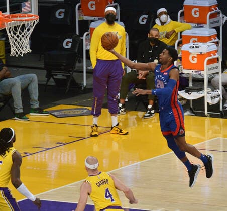 Detroit Pistons guard Josh Jackson scores n a layup against the Los Angeles Lakers during the third quarter at Staples Center in Los Angeles on Saturday, February 6, 2021. The Lakers defeated the Pistons 135-129 in double-overtime.  LAP2021020618 JIMxRUYMEN