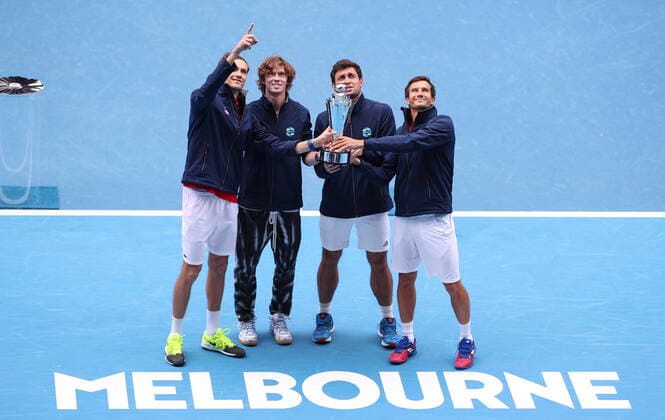 (210207) -- MELBOURNE, Feb. 7, 2021 -- Players of Russia react during the victory ceremony after the final match between Russia and Italy of ATP, Tennis Herren cup at Melbourne Park, in Melbourne, Australia, Feb. 7, 2021. ) (SP)AUSTRALIA-MELBOURNE-TENNIS-ATP CUP-FINAL BaixXuefei 