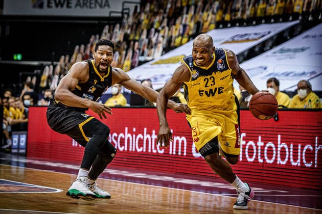 Basketball Oldenburg 07 02 2021 Season 2020 2021 easyCredit BBL 16 Matchday EWE Baskets MHP RIESEN Ludwigsburg Basketball Oldenburg 07 02 2021 Season 2020 2021 easyCredit BBL 16 Matchday EWE Baskets MHP RIESEN Ludwigsburg 23, Rickey Paulding, EWE Baskets Oldenburg editorial use only commercial use only by arrangement with the photographer Oldenburg Germany