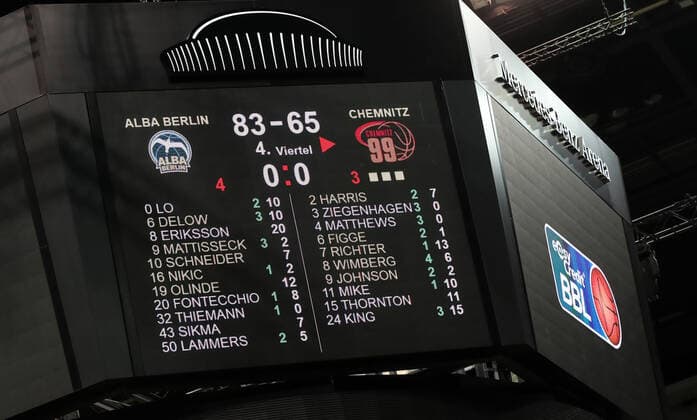 first match against each other ends 83 65 scoreboard with final result Sport Basketball BBL Bundesliga Herren Saison 2020 2021 07 02 2021 ALBA Berlin vs Niners Chemnitz