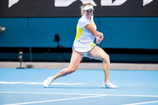 MELBOURNE, VIC - FEBRUARY 08: Anastasia Pavlyuchenkova of Russia returns the ball during round 1 of the 2021 Australian Open on February 8 2020, at Melbourne Park in Melbourne, Australia. (Photo by Jason Heidrich Icon Sportswire) TENNIS: FEB 08 Australian Open Icon2102080431