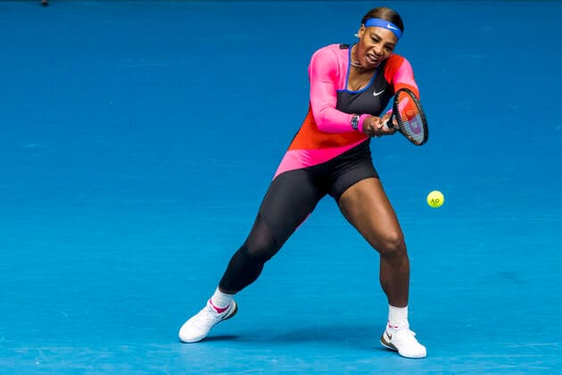 MELBOURNE, VIC - FEBRUARY 08: Serena Williams of the United States of America returns the ball during round 1 of the 2021 Australian Open on February 8 2020, at Melbourne Park in Melbourne, Australia. (Photo by Jason Heidrich Icon Sportswire) TENNIS: FEB 08 Australian Open Icon2102080581