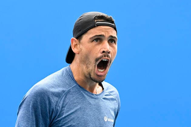 TENNIS AUSTRALIAN OPEN, Alex Bolt of Australia reacts during his first Round Men s singles match against Norbert Gombos of Slovakia on Day 1 of the Australian Open at Melbourne Park in Melbourne, Monday, February 8, 2021. ( NO ARCHIVING, EDITORIAL USE ONLY, NO USE IN BOOKS WITHOUT CONSENT MELBOURNE VIC AUSTRALIA  Copyright: xDEANxLEWINSx 20210208001519118566