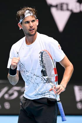 TENNIS AUSTRALIAN OPEN, Dominic Thiem of Austria reacts during his first Round Men s singles match against Mikhail Kukushkin of Kazakhstan on Day 1 of the Australian Open at Melbourne Park in Melbourne, Monday, February 8, 2021. ( NO ARCHIVING, EDITORIAL USE ONLY, NO USE IN BOOKS WITHOUT CONSENT MELBOURNE VIC AUSTRALIA  Copyright: xDAVExHUNTx 20210208001519122233