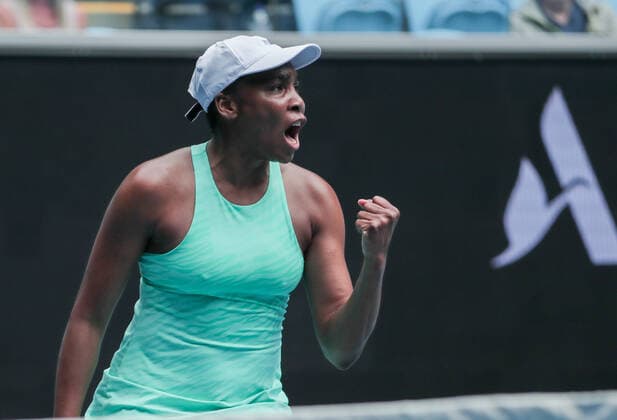(210208) -- MELBOURNE, Feb. 8, 2021 -- Venus Williams of the United States celebrates during the women s singles first round match between Venus Williams of the United States and Kirsten Flipkens of Belgium at Australian Open in Melbourne Park, Melbourne, Australia on Feb. 8, 2021. (Photo by Hu Jingchen Xinhua) (SP)AUSTRALIA-MELBOURNE-TENIS-AUSTRALIAN OPEN BaixXuefeihujingchen 