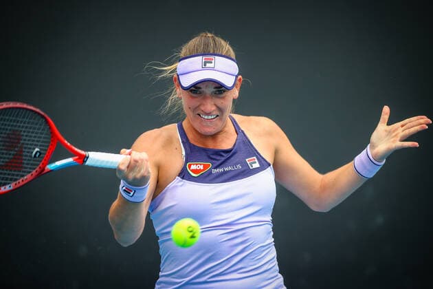 Timea Babos WTA, Tennis Damen 115) pictured in action during a tennis match between Belgian Bonaventure and Hungarian Babos, in the first round of the women s singles competition of the Australian Open tennis Grand Slam, Monday 08 February 2021 in Melbourne Park, Melbourne, Australia. The 2021 edition of the Australian Grand Slam has been delayed by three week because of the ongoing pandemy. PATRICKxHAMILTON  x2639940x