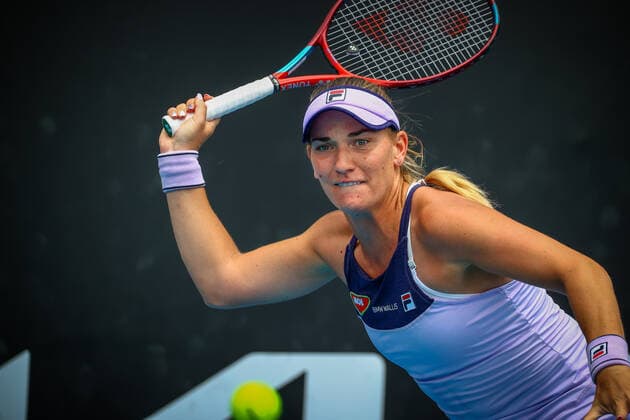Timea Babos WTA, Tennis Damen 115) pictured in action during a tennis match between Belgian Bonaventure and Hungarian Babos, in the first round of the women s singles competition of the Australian Open tennis Grand Slam, Monday 08 February 2021 in Melbourne Park, Melbourne, Australia. The 2021 edition of the Australian Grand Slam has been delayed by three week because of the ongoing pandemy. PATRICKxHAMILTON  x2639947x